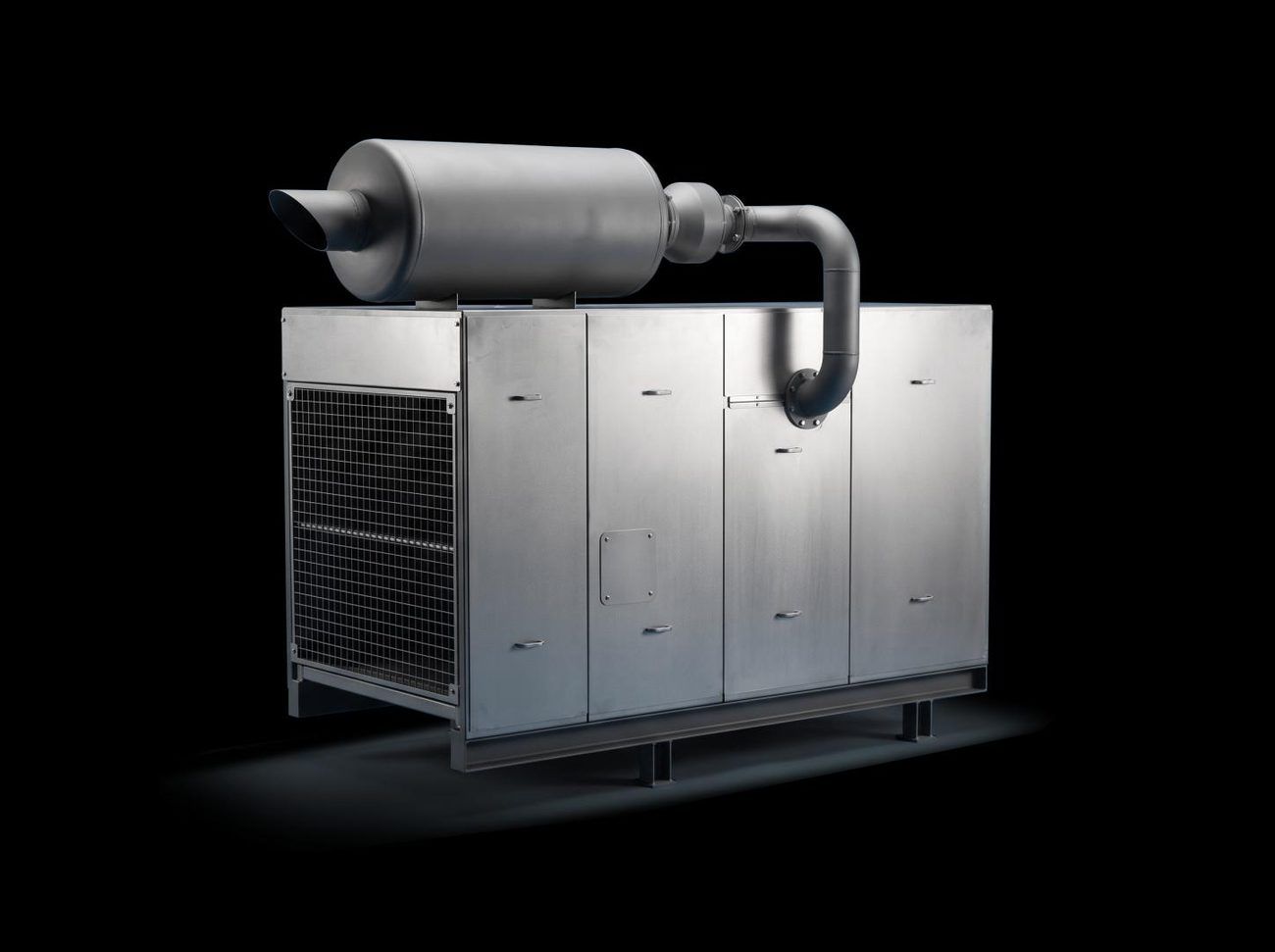 Energy Line Genset in its outdoor weather enclosure with exhaust silencer